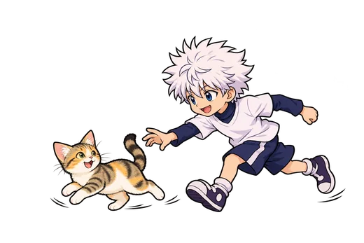 Killua the cat runs playfully with Killua from Hunter × Hunter.